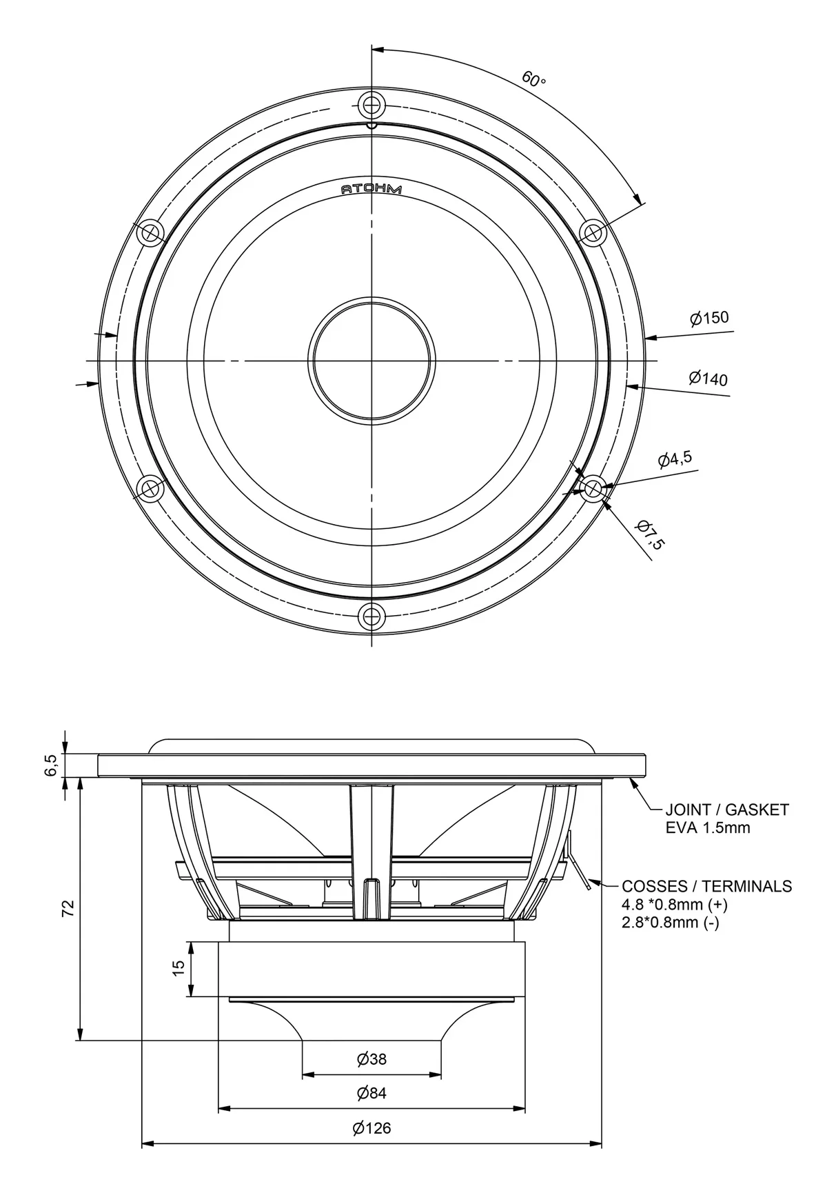 Atohm C150DCR08 — plan coté du haut-parleur C150 : vue de face et vue en coupe, dimensions en millimètres