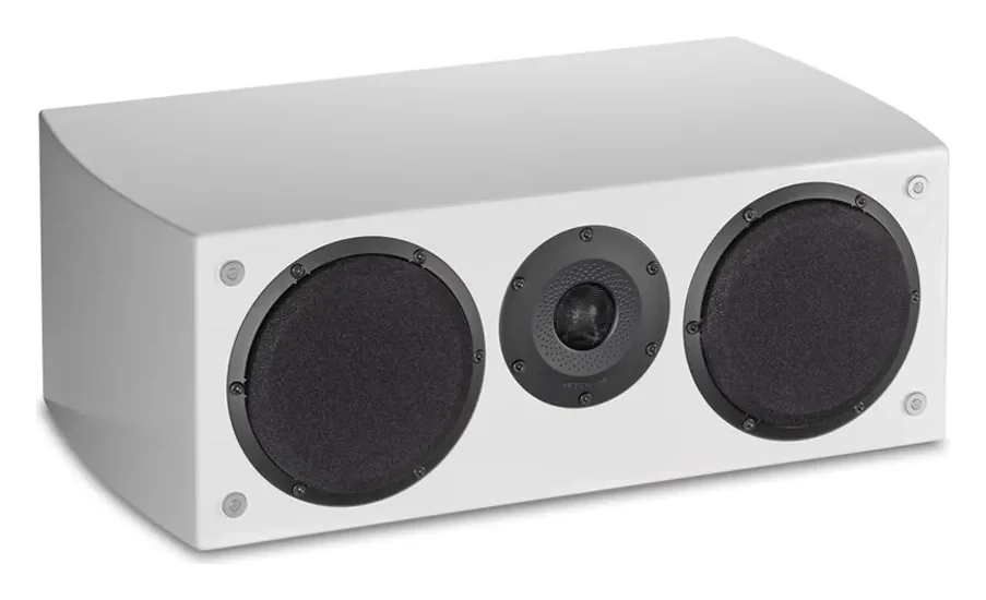 Atohm GT-Center-HD — enceinte centrale blanche vue de trois-quarts, deux haut-parleurs de grave-médium de part et d’autre du tweeter