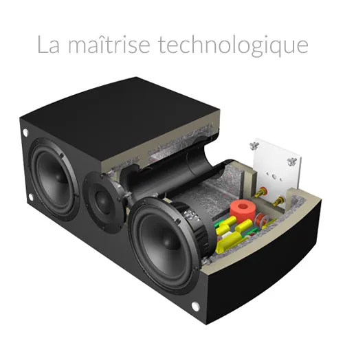 Atohm GT-Center-HD — enceinte centrale en vue écorchée : haut-parleurs, filtre et isolation interne