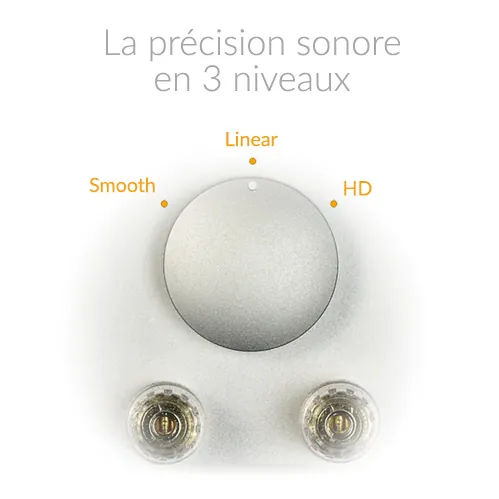 Atohm GT-Center-HD — sélecteur de rendu à 3 positions (Smooth, Linear, HD) au-dessus des bornes de raccordement