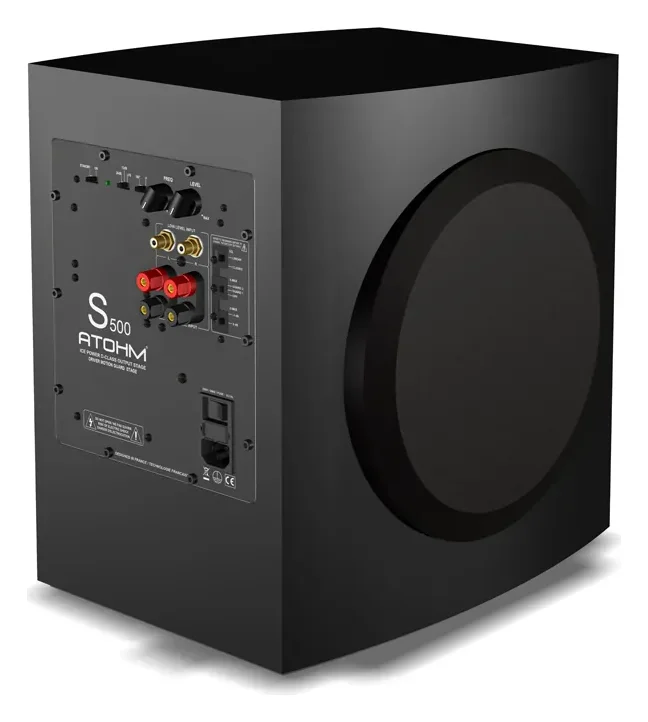 Atohm GT-SW2-HD — caisson de basses noir vu de trois-quarts arrière, module d’amplification S500 visible