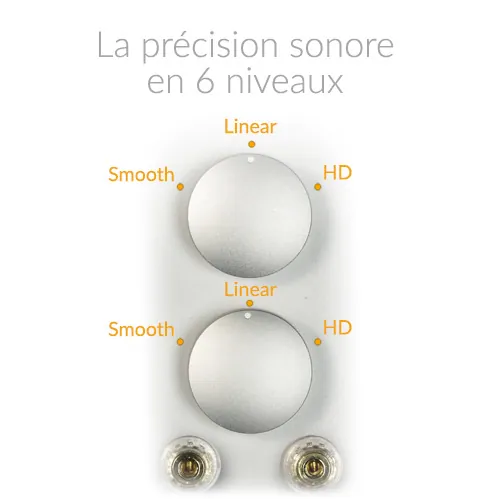 Atohm GT3-HD — deux sélecteurs de rendu à 3 positions (Smooth, Linear, HD), soit 6 réglages, au-dessus des bornes de raccordement