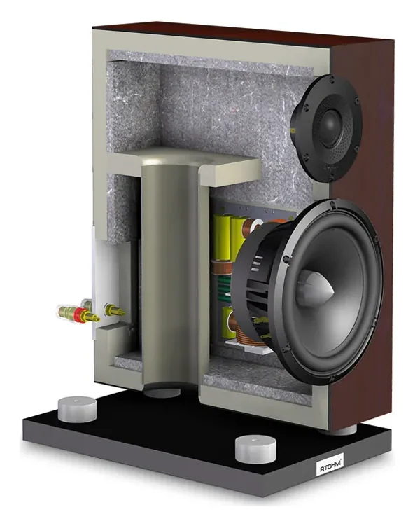 Atohm Kit Eurus 1.0 — enceinte montée en vue écorchée : haut-parleurs, filtre, évent et isolation interne