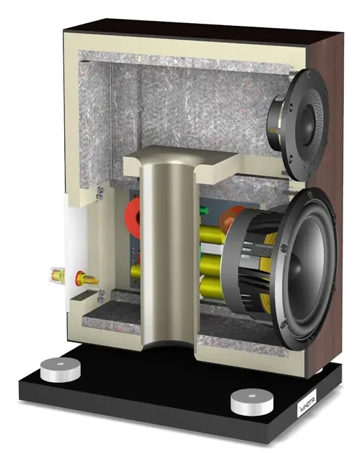 Atohm Kit Eurus E.5 — enceinte montée en vue écorchée : haut-parleurs, filtre, évent et isolation interne