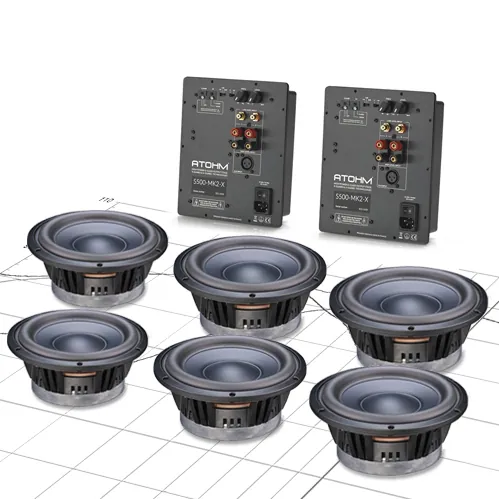 Atohm Kit Eurus SW-25 — contenu du kit : six haut-parleurs de grave et deux modules d’amplification S500-MK2-X