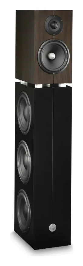 Atohm Kit Eurus SW-25 — enceinte posée sur son caisson de basses colonne, vue de trois-quarts