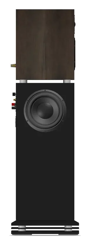 Atohm Kit Eurus SWB-25 — enceinte posée sur son caisson de basses, vue de côté : haut-parleur de grave latéral