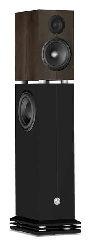 Atohm Kit Eurus SWB-25 — enceinte posée sur son caisson de basses, vue de trois-quarts