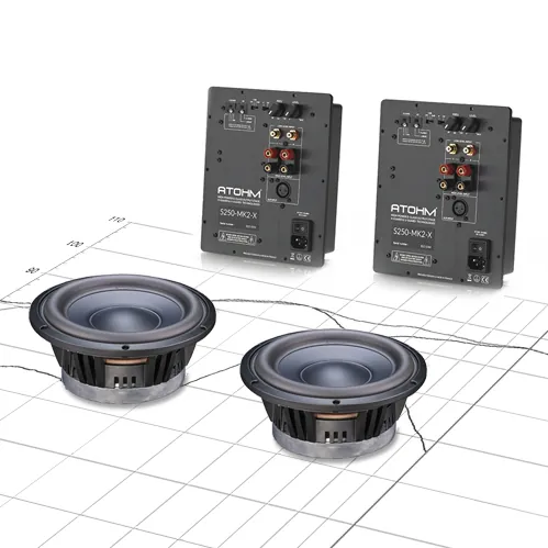 Atohm Kit Eurus SWB-25 — contenu du kit : deux haut-parleurs de grave et deux modules d’amplification S250-MK2-X