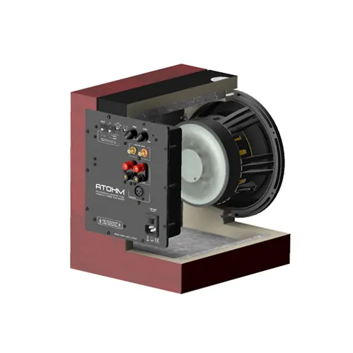 Atohm Kit Rafale SL1-25 — caisson en vue écorchée depuis l’arrière : module d’amplification et haut-parleur de grave