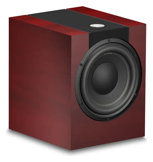 Atohm Kit Rafale SL1-25 — caisson de basses monté (illustration en bois rouge) vu de trois-quarts