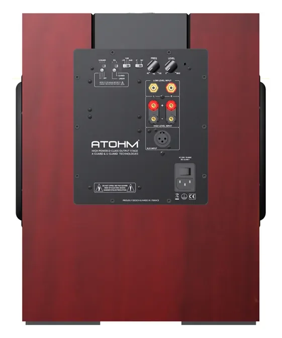 Atohm Kit Rafale SL3M-25 — caisson de basses monté (illustration en bois rouge) vu de l’arrière : module d’amplification
