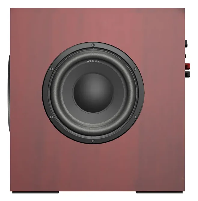 Atohm Kit Rafale SL3M-25 — caisson de basses monté (illustration en bois rouge) vu de côté