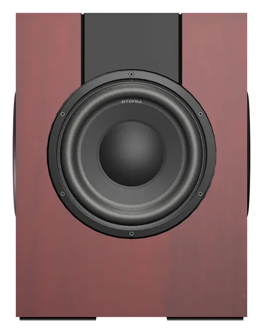 Atohm Kit Rafale SL3M-25 — caisson de basses monté (illustration en bois rouge) vu de face