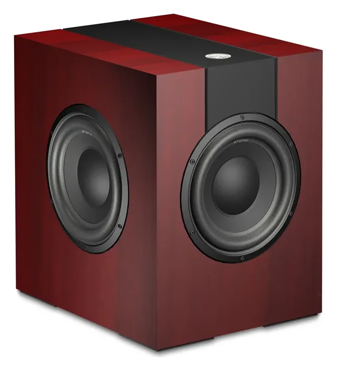 Atohm Kit Rafale SL3M-25 — caisson de basses monté (illustration en bois rouge) vu de trois-quarts : haut-parleurs sur deux faces