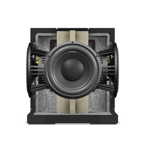 Atohm Kit Rafale SL3M-25 — caisson en vue écorchée de face : haut-parleurs de grave montés en opposition