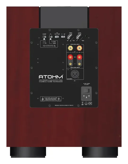 Atohm Kit Rafale VR1-25 — caisson de basses monté (illustration en bois rouge) vu de l’arrière : module d’amplification