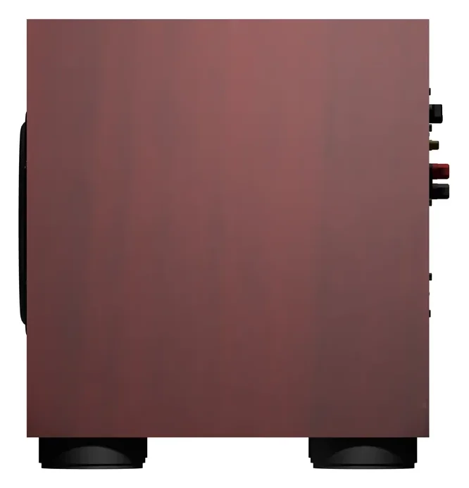 Atohm Kit Rafale VR1-25 — caisson de basses monté (illustration en bois rouge) vu de côté