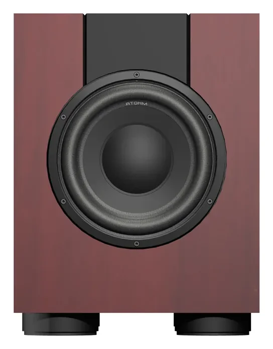 Atohm Kit Rafale VR1-25 — caisson de basses monté (illustration en bois rouge) vu de face : un haut-parleur de grave