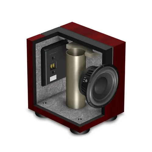 Atohm Kit Rafale VR1-25 — caisson en vue écorchée : un haut-parleur de grave, évent et bornier