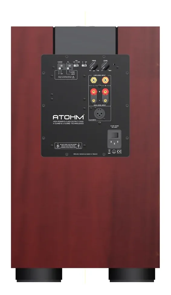 Atohm Kit Rafale VR2-25 — caisson de basses monté (illustration en bois rouge) vu de l’arrière : module d’amplification