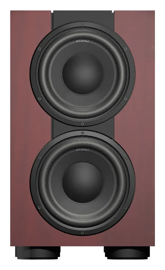 Atohm Kit Rafale VR2-25 — caisson de basses monté (illustration en bois rouge) vu de face : deux haut-parleurs de grave