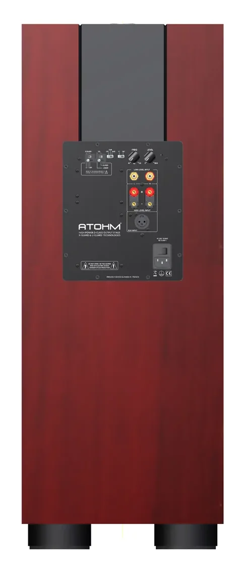 Atohm Kit Rafale VR3-25 — caisson de basses monté (illustration en bois rouge) vu de l’arrière : module d’amplification