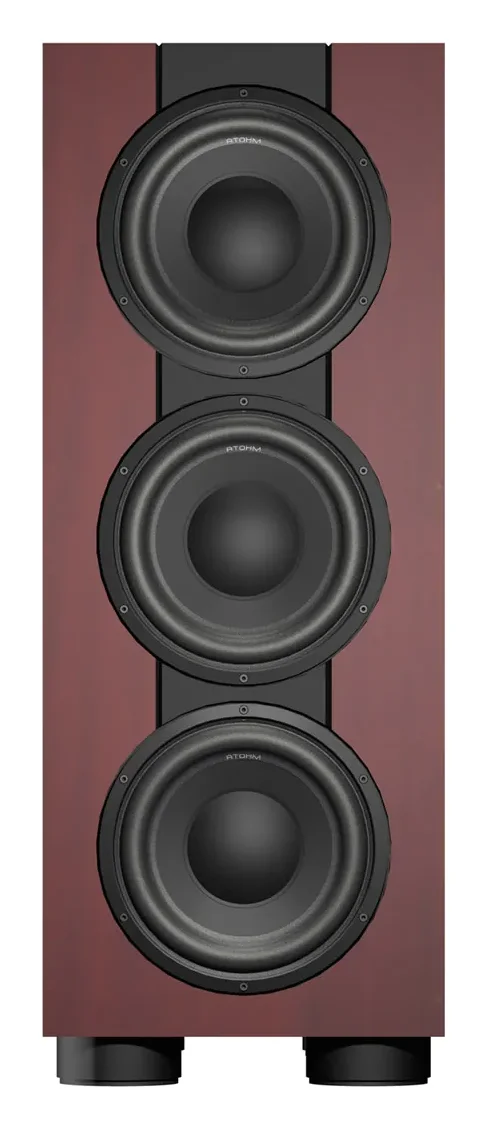 Atohm Kit Rafale VR3-25 — caisson de basses monté (illustration en bois rouge) vu de face : trois haut-parleurs de grave