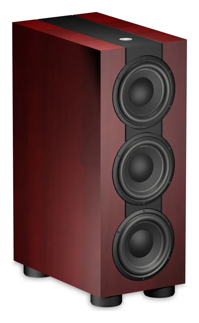 Atohm Kit Rafale VR3-25 — caisson de basses monté (illustration en bois rouge) vu de trois-quarts : trois haut-parleurs de grave