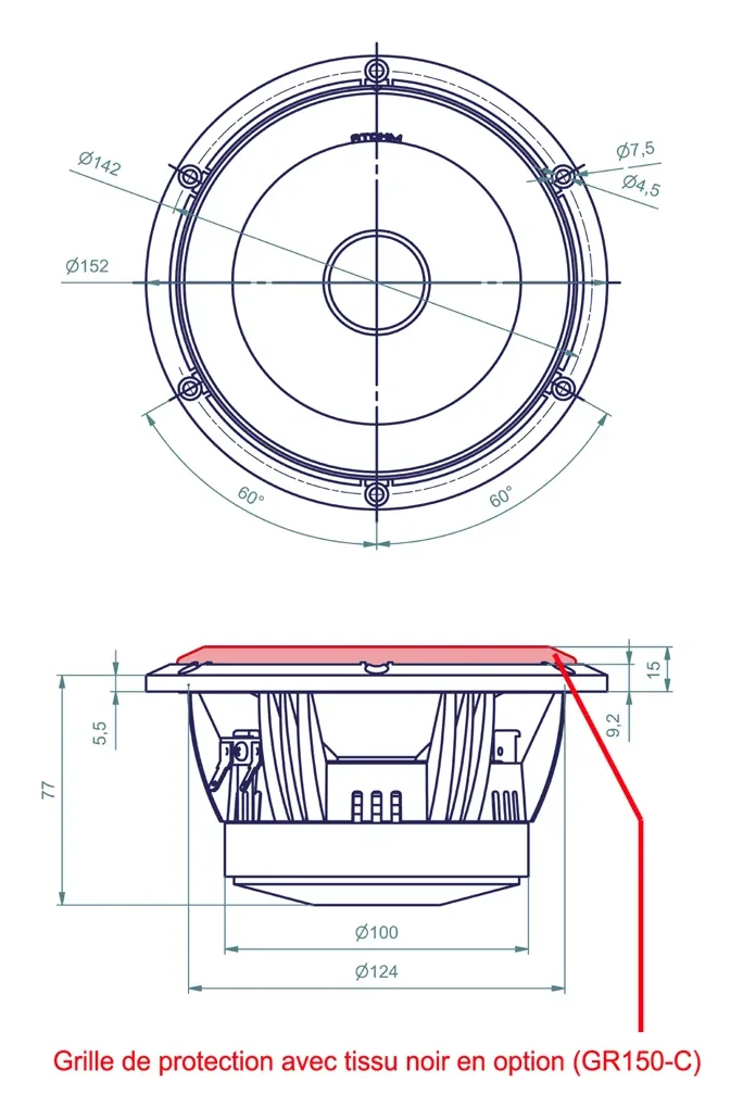 Atohm LD150CR04 — plan coté du haut-parleur LD150 : vue de face et vue en coupe, grille de protection GR150-C en option