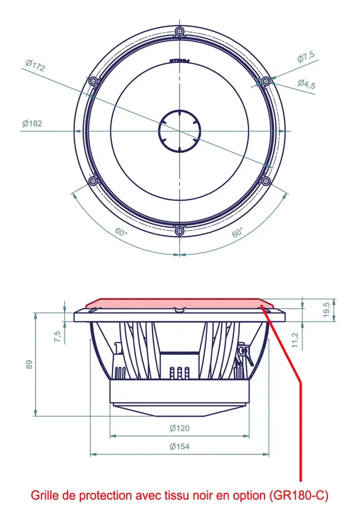 Atohm LD180CR04 — plan coté du haut-parleur LD180 : vue de face et vue en coupe, grille de protection GR180-C en option