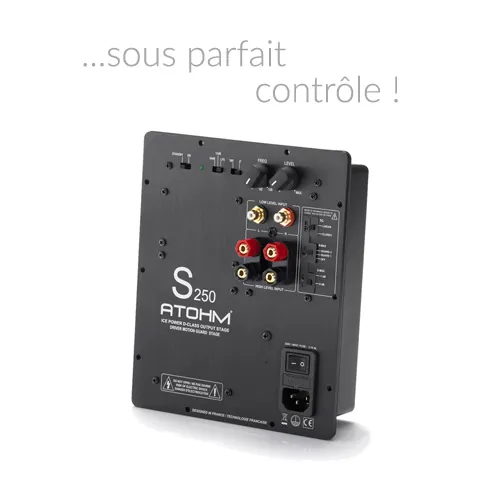 Atohm Rafale VR1-X — module d’amplification S250 Atohm : réglages, entrées et sorties à l’arrière du caisson