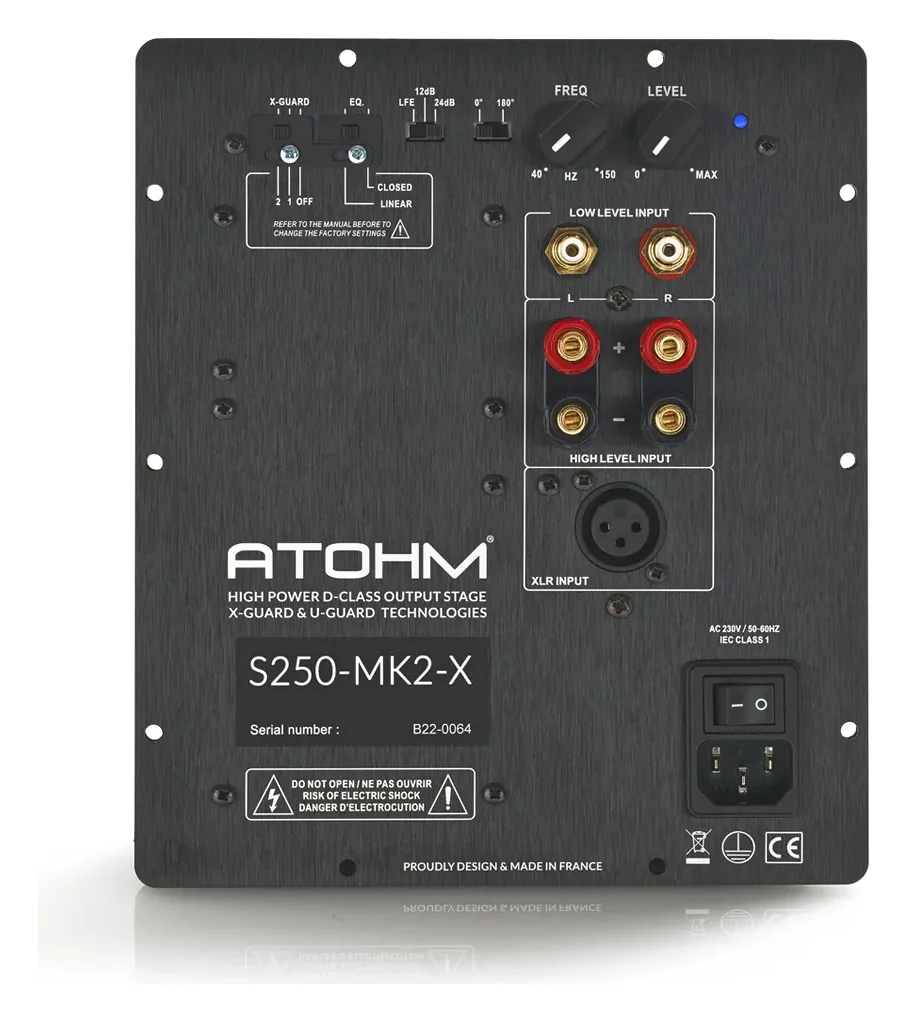 Atohm S250-MK2-X — module d’amplification S250-MK2-X vu de face : réglages, entrées RCA, haut niveau et XLR