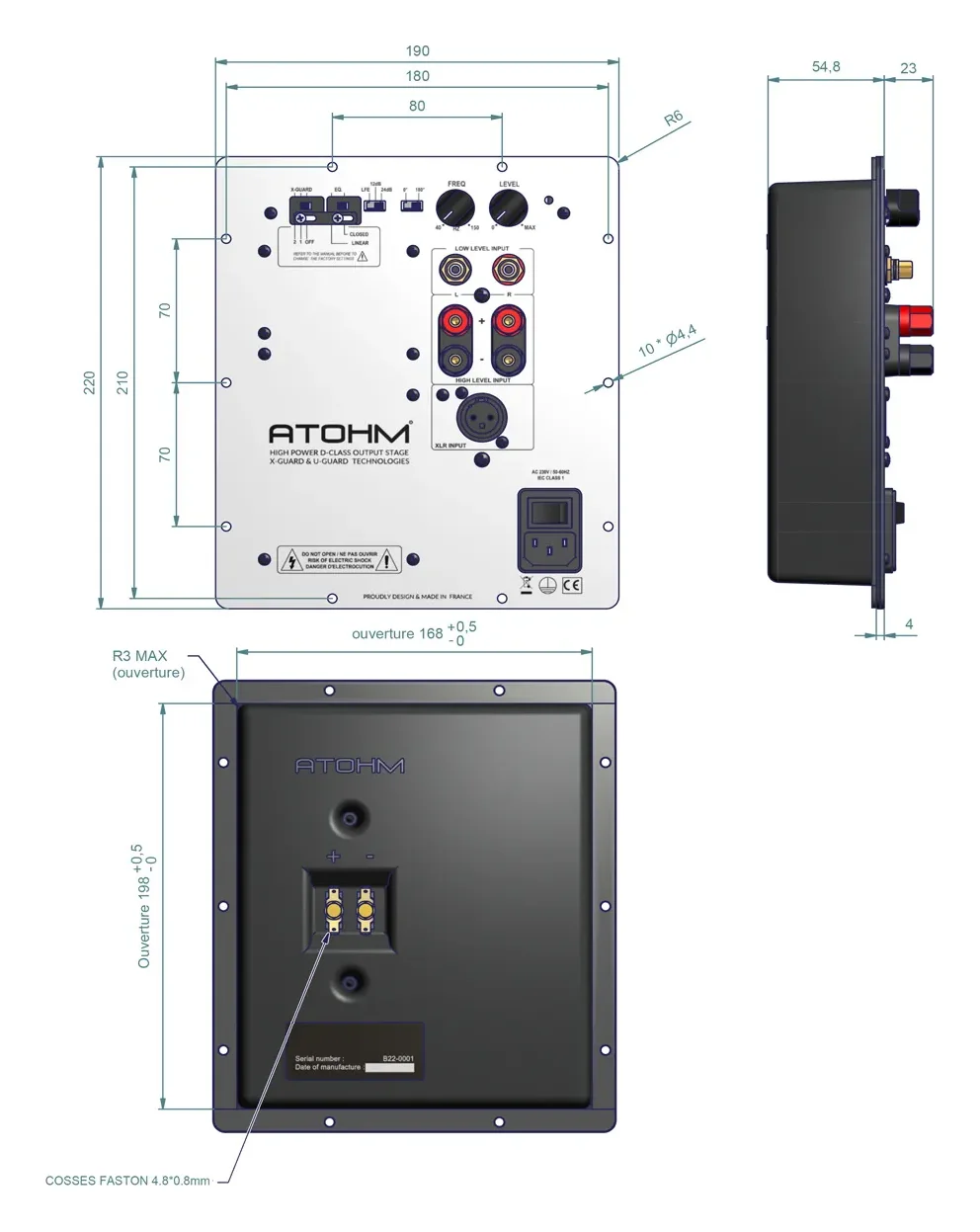 Atohm S250-MK2-X — plan coté du module d’amplification : face avant, profil et découpe d’encastrement