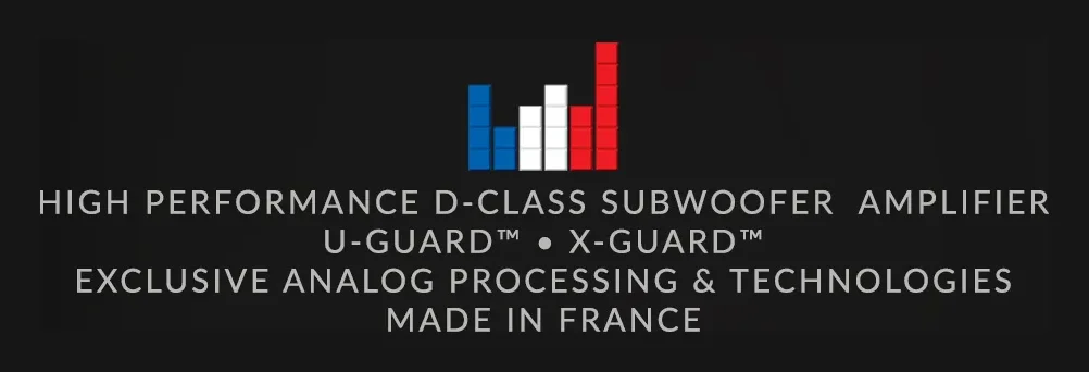 Atohm S250-MK2-X — bandeau : amplificateur de caisson classe D haute performance, protections U-Guard et X-Guard, traitement analogique exclusif, fabriqué en France