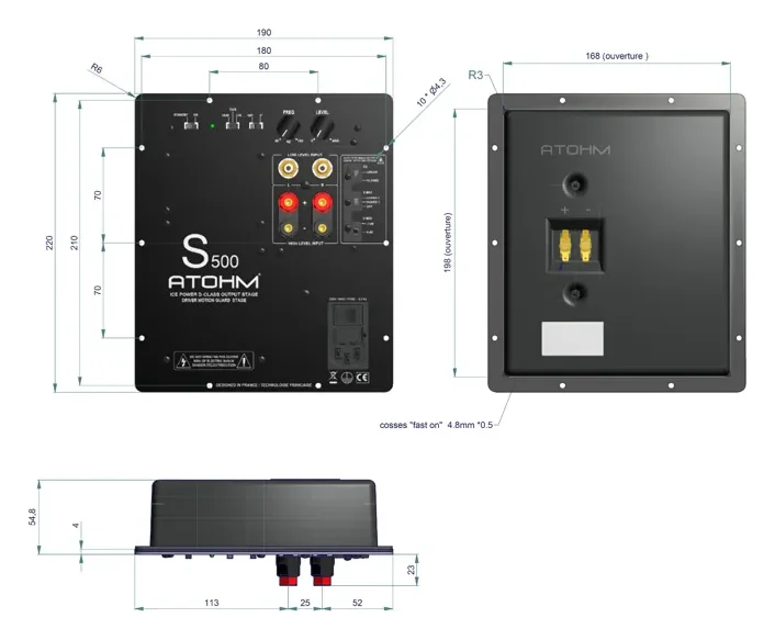 Atohm S250-X — plan coté du module d’amplification (dessin du S500) : face avant, découpe d’encastrement et profil