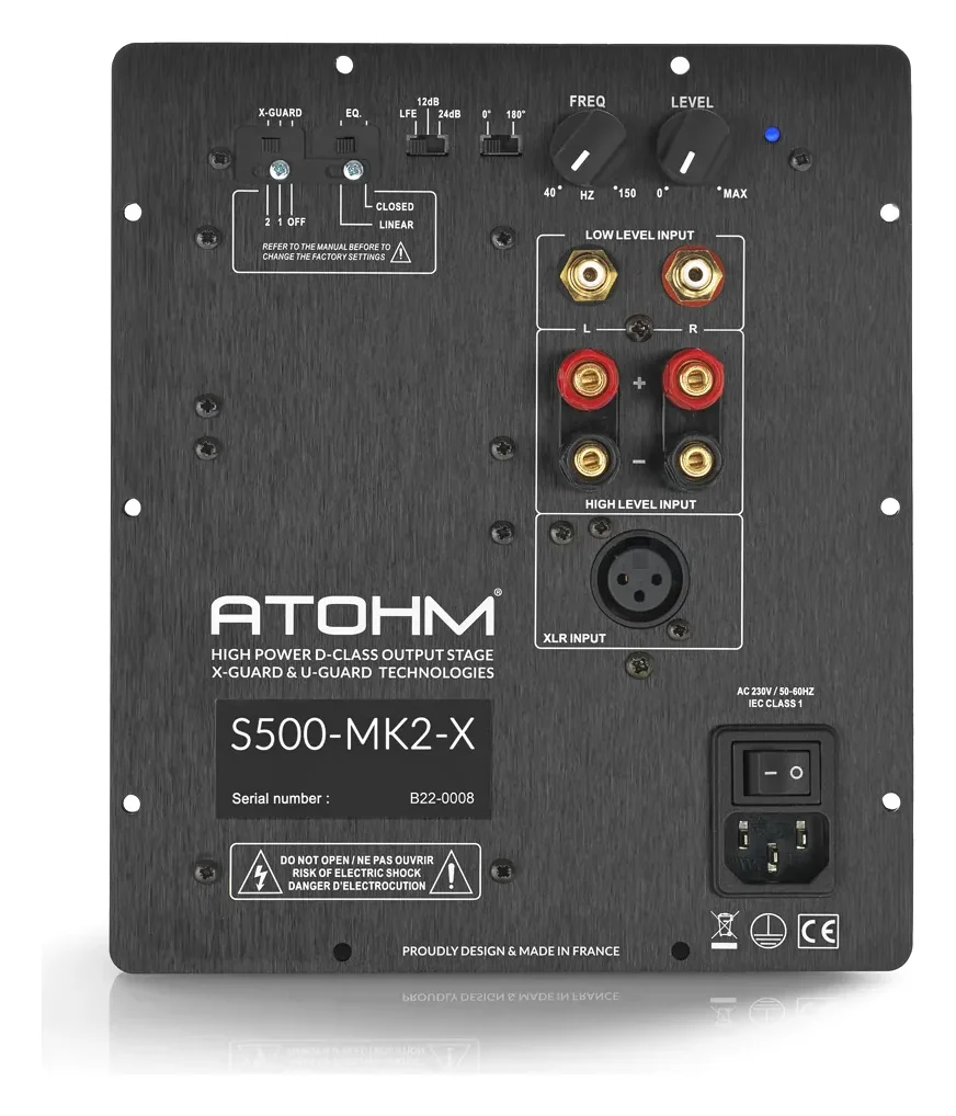 Atohm S500-MK2-X — module d’amplification S500-MK2-X vu de face : réglages, entrées RCA, haut niveau et XLR