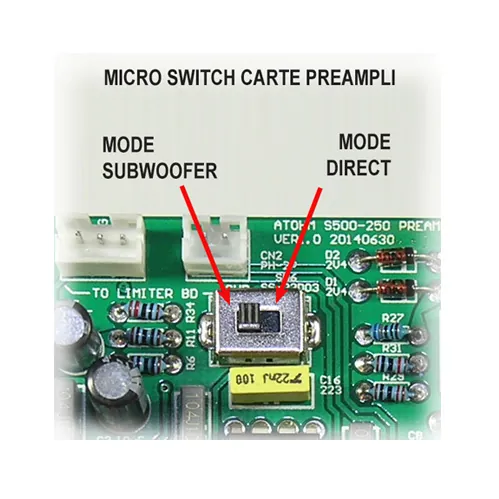 Atohm S500-X — micro-interrupteur de la carte préampli : mode caisson ou mode direct