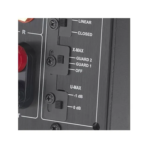 Atohm S500-X — sélecteurs X-Max (Guard 1, Guard 2, Off) et U-Max (−1 dB, 0 dB) du module d’amplification