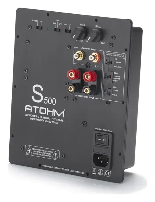Atohm S500-X — module d’amplification S500 vu de trois-quarts : réglages, entrées et interrupteur