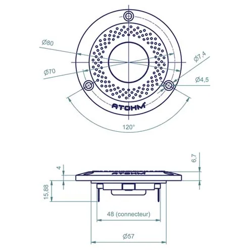 Atohm SD20ND04F — plan coté du tweeter SD20 : vue de face et vue de profil