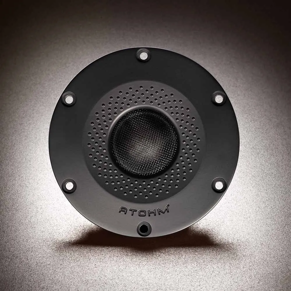 Atohm SD28ND04RD — tweeter vu de face, derrière sa grille de protection perforée