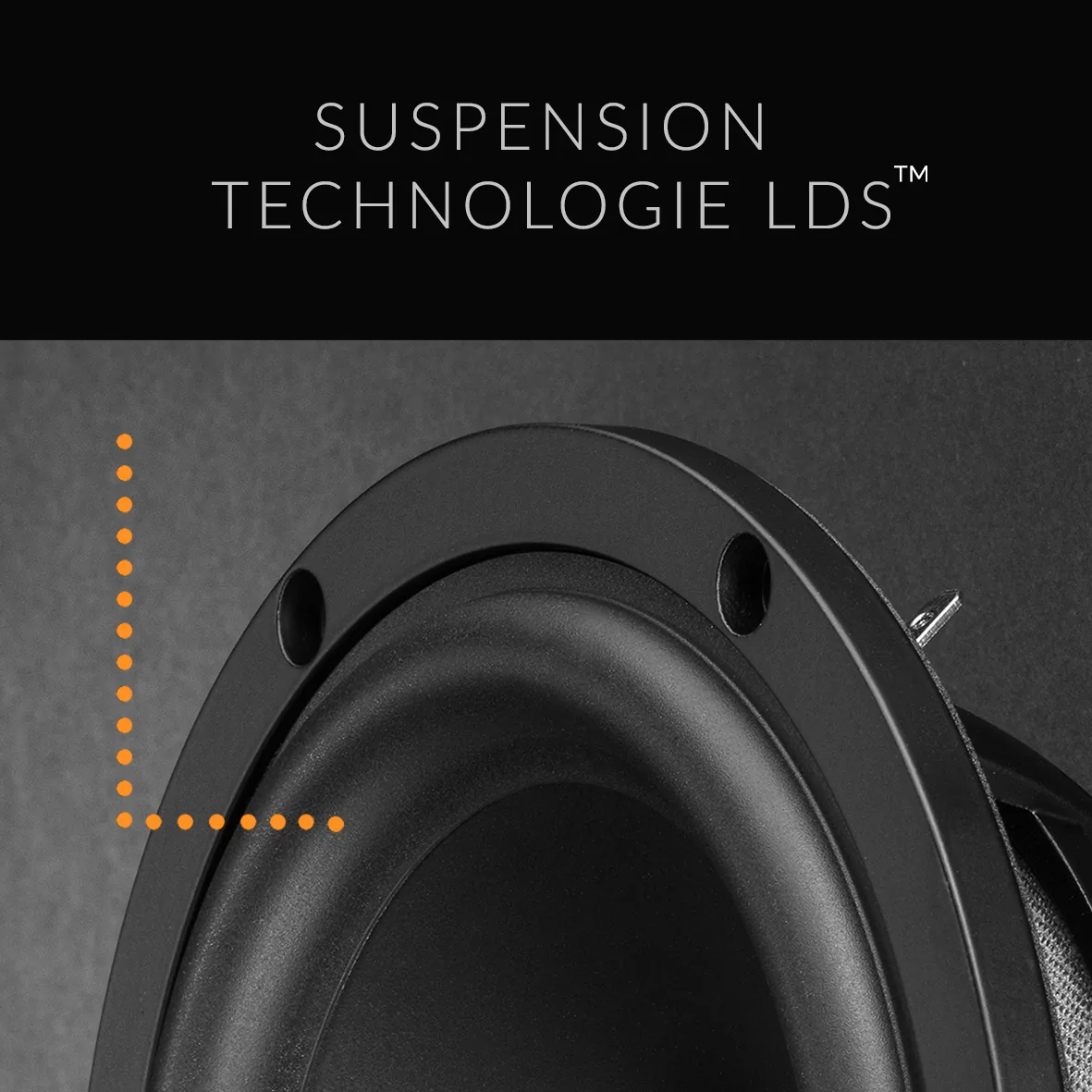 Atohm Sirocco 2.24 — suspension LDS du haut-parleur de grave-médium, vue en gros plan