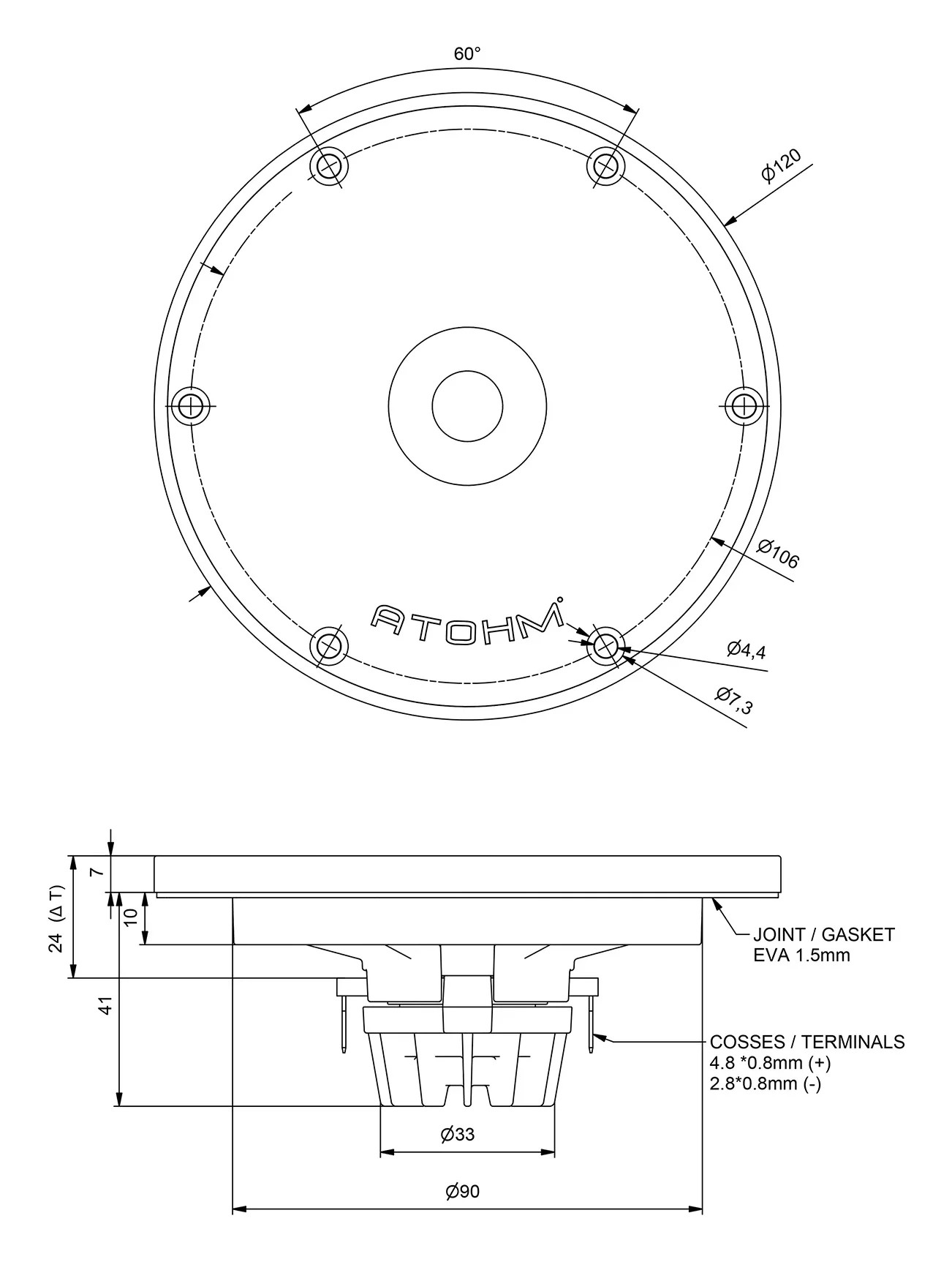 Atohm WSD20DND04F — plan coté du tweeter WSD20 : vue de face et vue en coupe