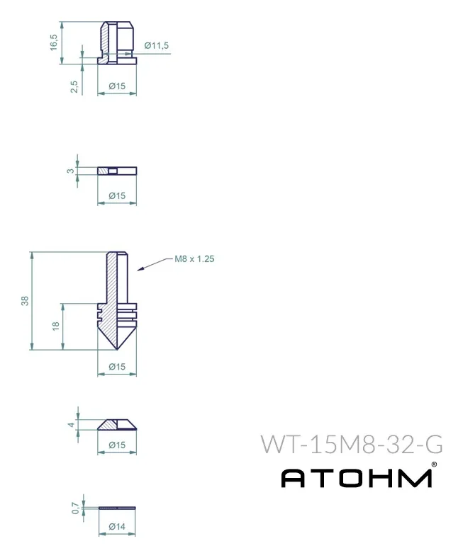 Atohm WT-15M8-32-G — plan coté du cône WT-15M8-32-G et de ses pièces (filetage M8)