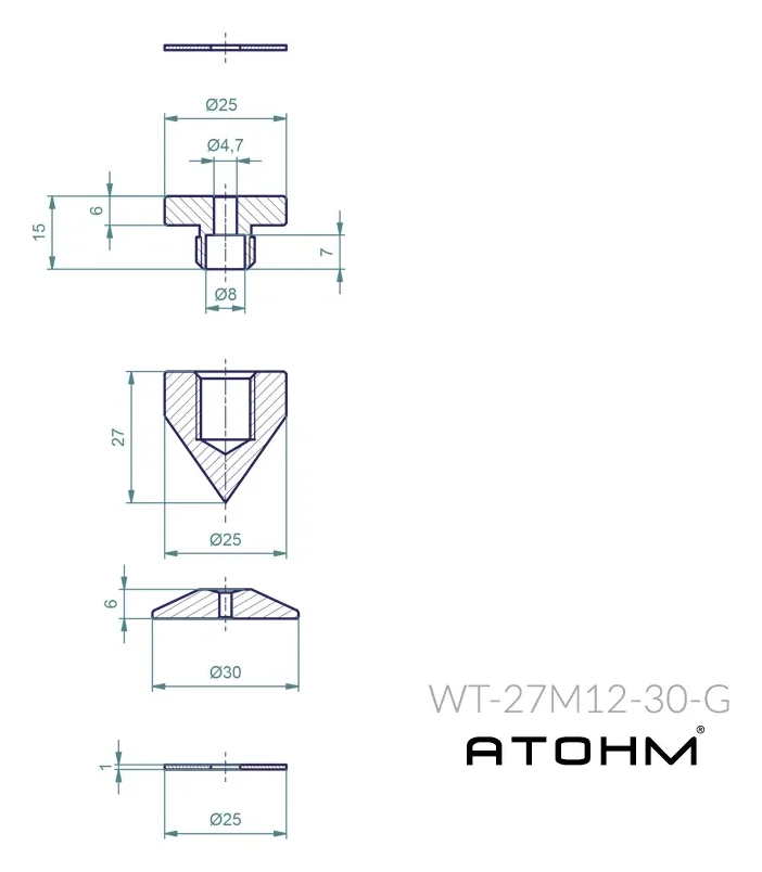 Atohm WT-27M12-30-G — plan coté du cône WT-27M12-30-G et de ses pièces (filetage M12)