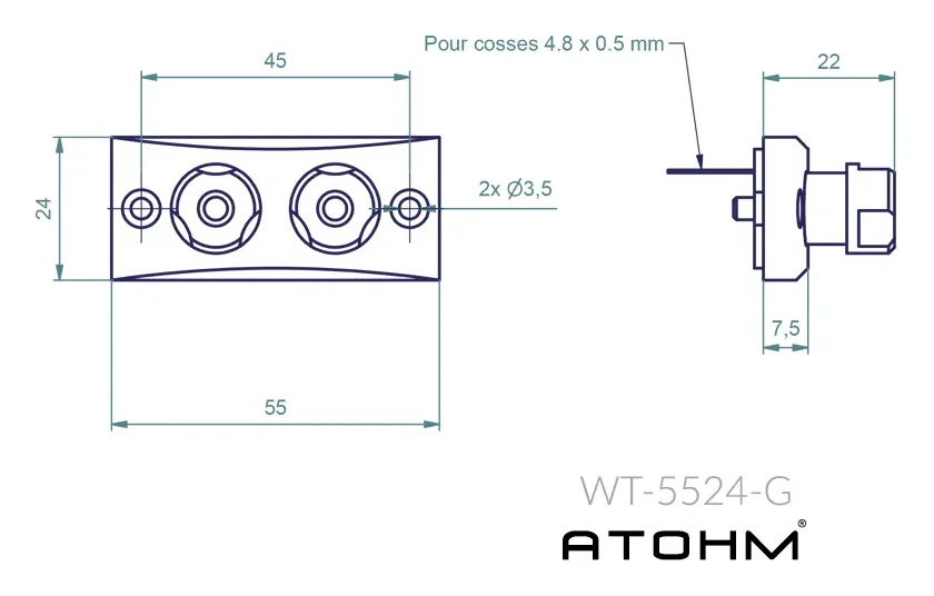 Atohm WT-5524-G — plan coté du bornier WT-5524-G : face avant et profil