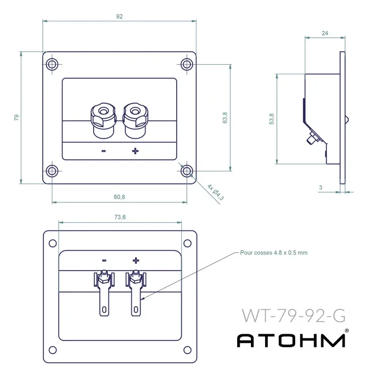 Atohm WT-7992-G — plan coté du bornier WT-79-92-G : face avant, arrière et profil