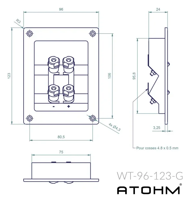 Atohm WT-96123-G — plan coté du bornier double WT-96-123-G (bi-câblage) : face avant et profil