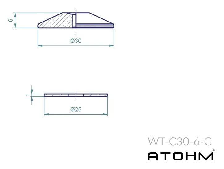 Atohm WT-C-30-6-G — plan coté de la coupelle WT-C30-6-G (diamètre 30 mm) et de sa rondelle